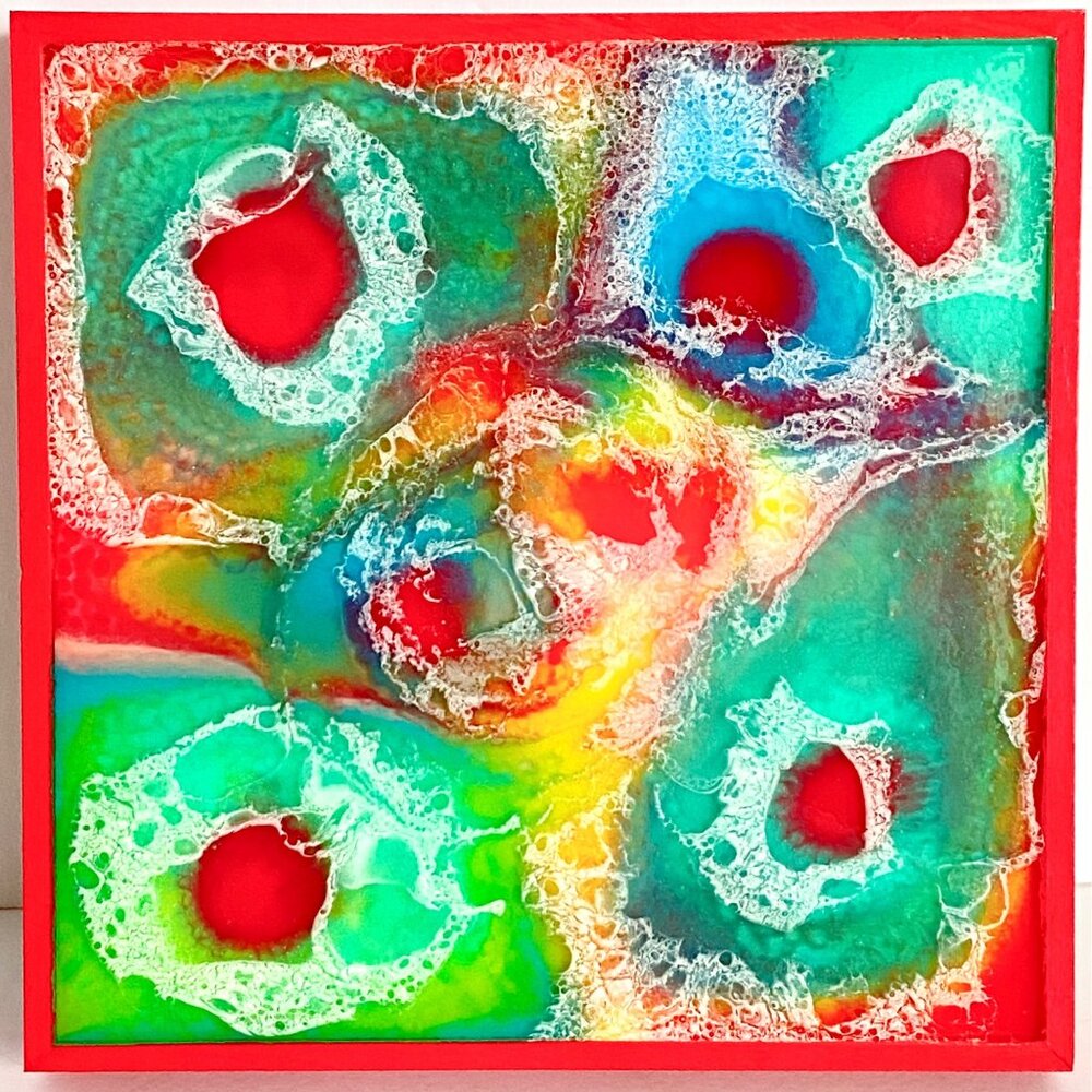 Primordial Soup Original Abstract Art Resin Painting Red Green 6x6in Panel